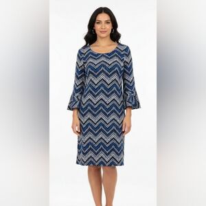 R&K Blue and Black Chevron Long Bell Sleeve Dress Size 18